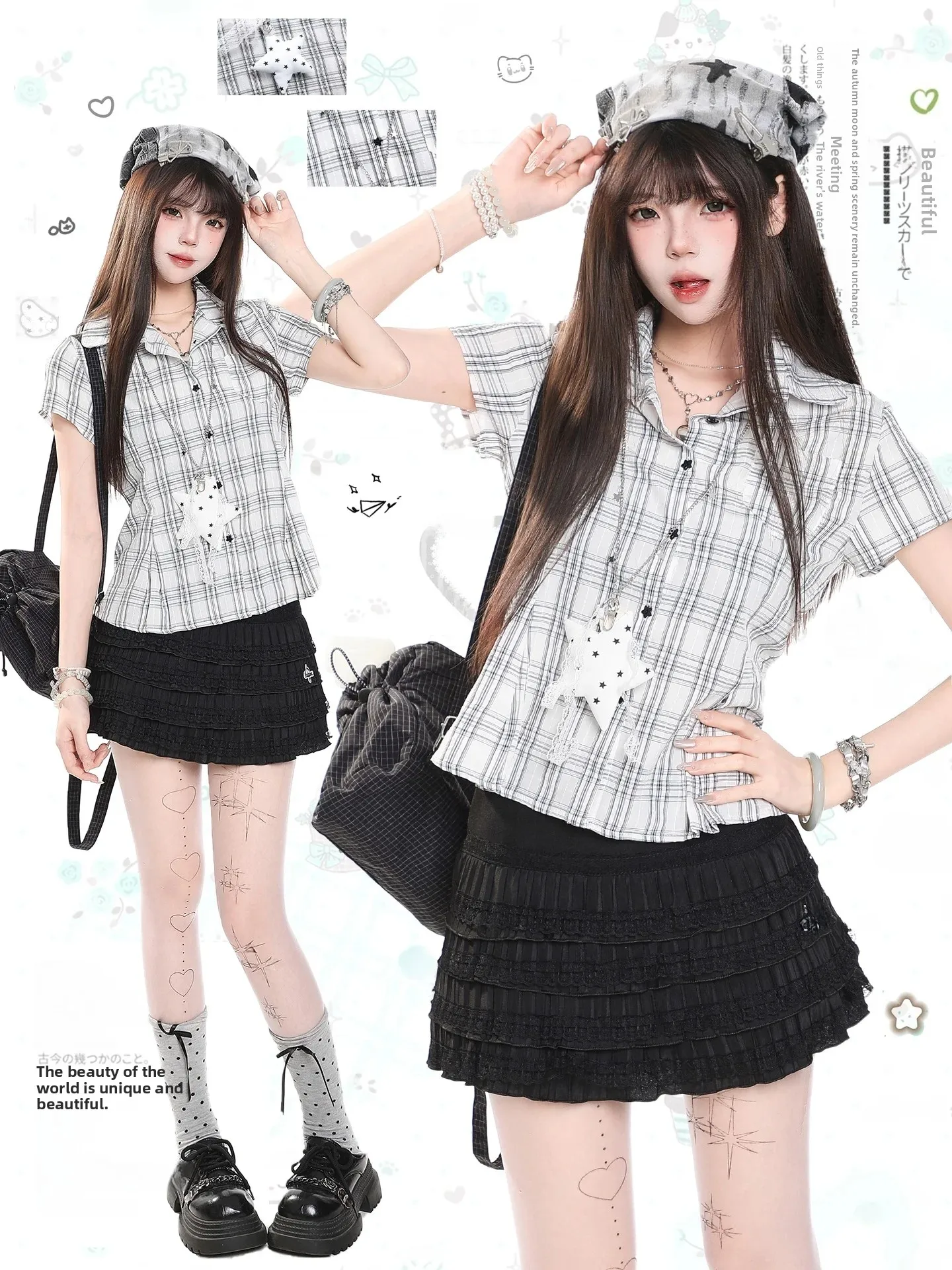 Korean College Style Short Sleeve Slim Fit Shirt with Star Pendant for Women Breathable Casual Top with Plaid Pattern