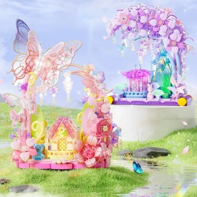 Moonlight Society Sakura Tree House Building Blocks with LED Lights DIY Flower Model Kit Girls Birthday Gift