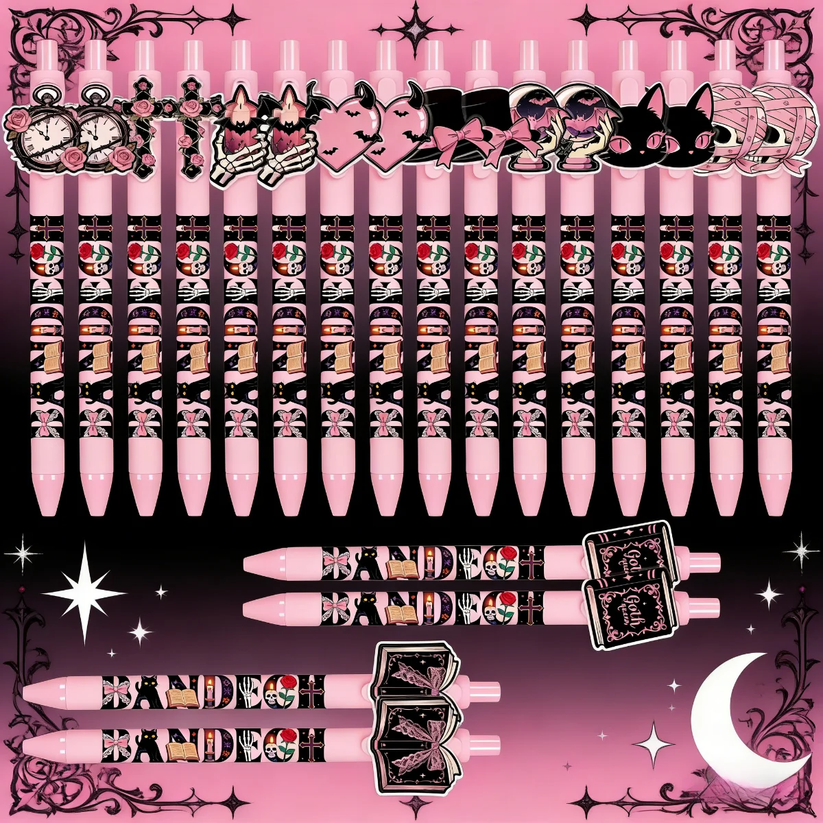 10 pieces / 20 pieces pink gothic-themed ballpoint pens, pink-black skull rose-shaped push-button pens