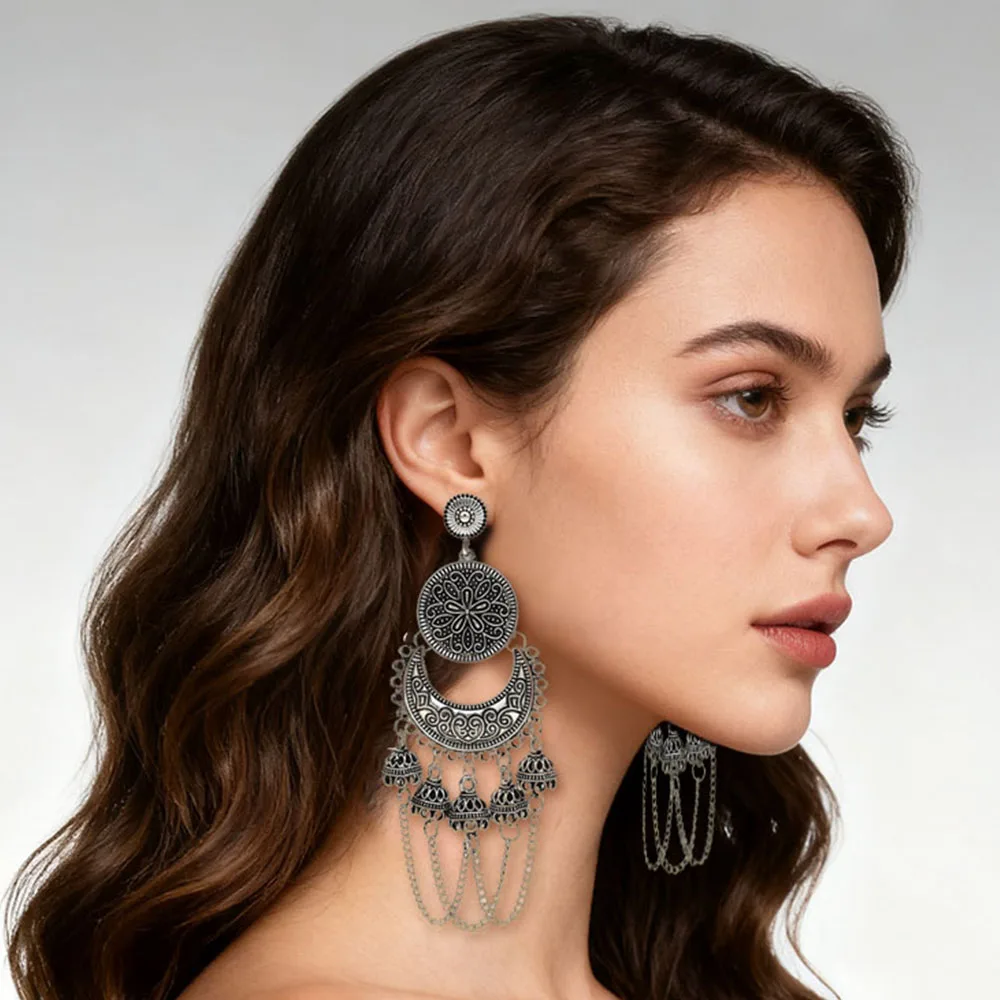 Bohemian Crystal Tassel Bell Pendant Earrings For Women Retro National Ethnic Tribal Luxury Jewelry Ear Accessory Female Gift