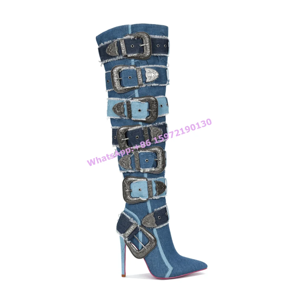 Multi Buckle Denim Blue Boots Side Zipper Thin Heels Pointy Toe Runway Over The Knee Boots Patchwork Party Sexy Winter Shoes