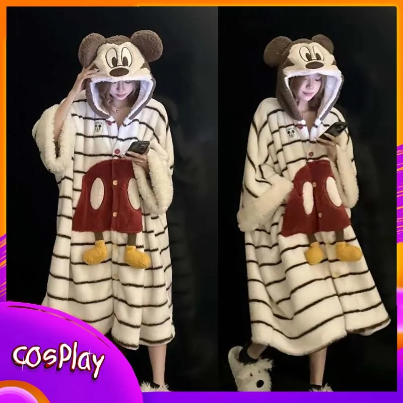 

Пижама с капюшоном и Микки Маусом, милый плащ с героями мультфильмов Диснея, кавайная свободная домашняя одежда, плотный бархат, женская теплая домашняя одежда, костюмы, подарок