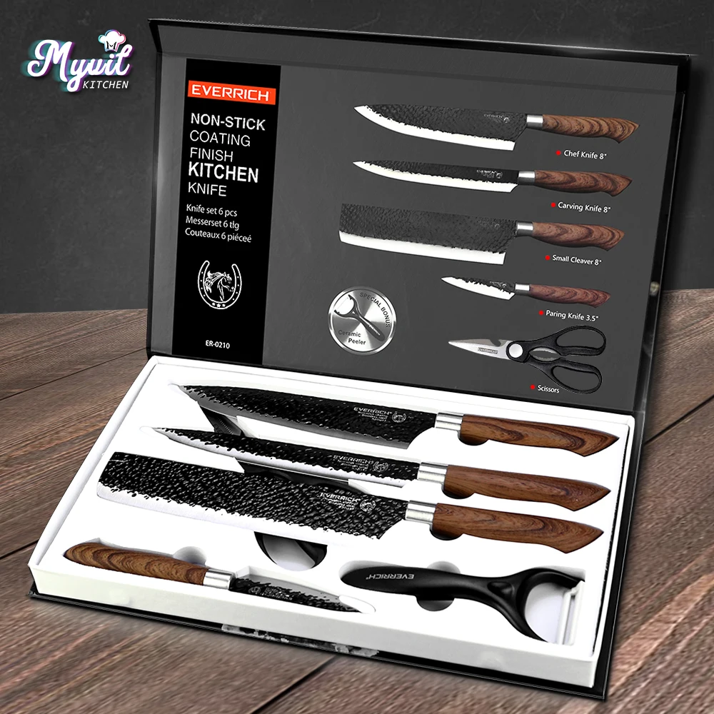 6PCS Kitchen Knives Set Chef Knife Forged Cleaver with Scissors+Ceramic Peeler Slicer Nakiri Paring Knife Gift Case