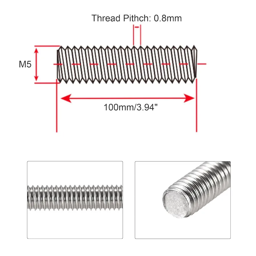 M5 x 100 مللي متر قضيب وترصيع ملولب بالكامل 304 من الفولاذ المقاوم للصدأ خيوط اليد اليمنى قضبان M50.8 درجة خيط لمشابك مسامير المرساة #2