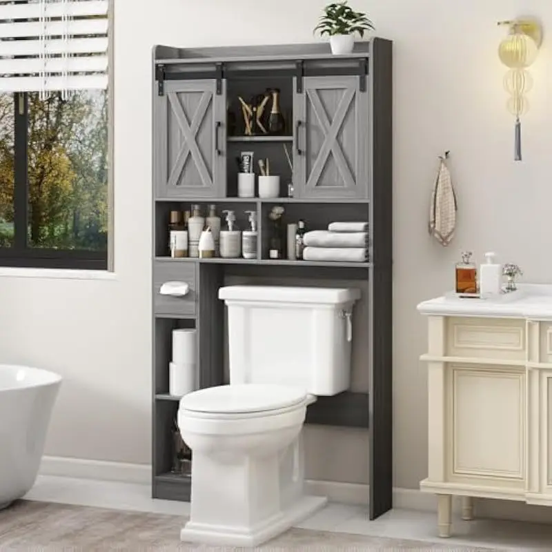 Farmhouse-style over-toilet storage unit with sliding doors and adjustable interior shelf, engineered wood construction, neutral