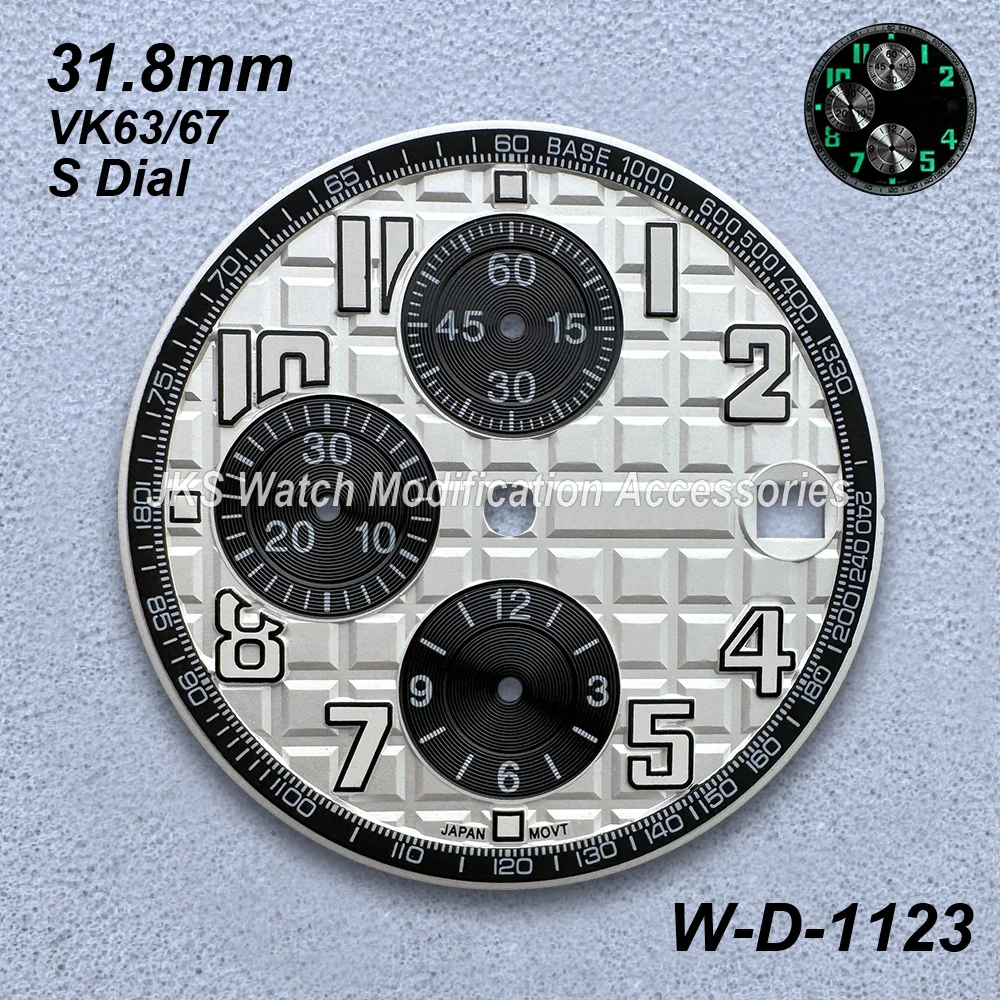 318mmのオークs文字盤。vk63-67クォーツムーブメントに適合。緑色で夜光塗料は使用されていません。高品質なワッフル加工の時計改造用アクセサリー。