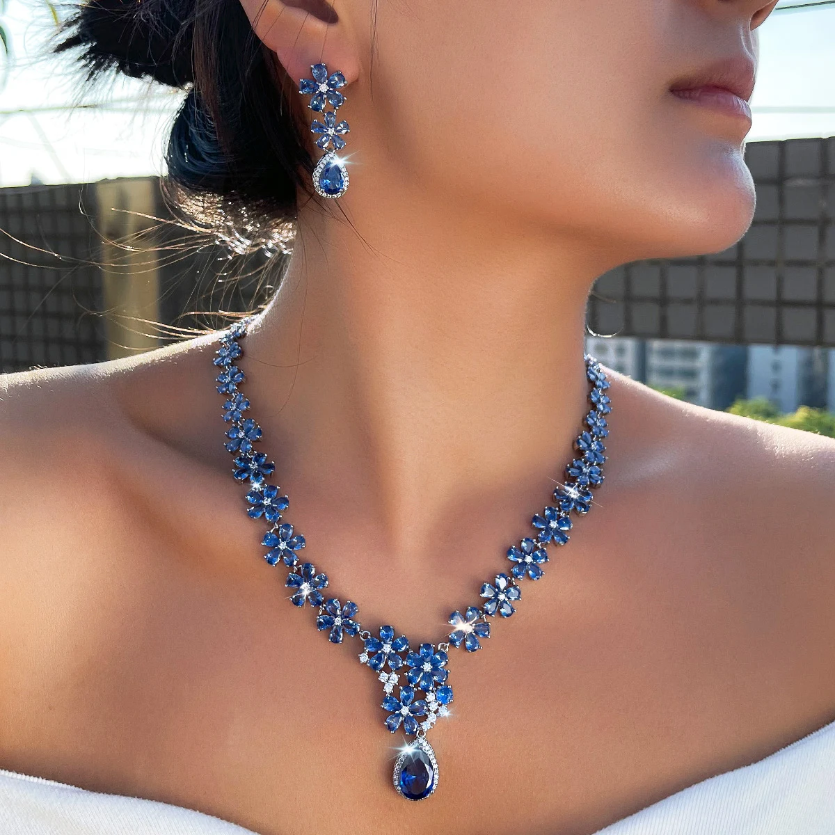 

CWWZircons Elegant Dark Blue CZ Zircon Flower Water Drop Long Earring Necklace Sets for Women Christmas Party Jewelry Gift T1020