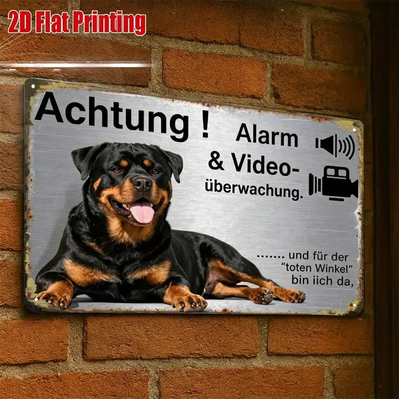 2D Flat Printing Aluminum Sign, Creative Rottweiler Alarm Surveillance Retro Wall Plaque for Home Bar Cafe