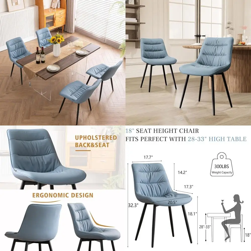 

Upholstered Leatherette Dining Chairs Set of 2, Comfortable Backrest, Metal Legs, Blue