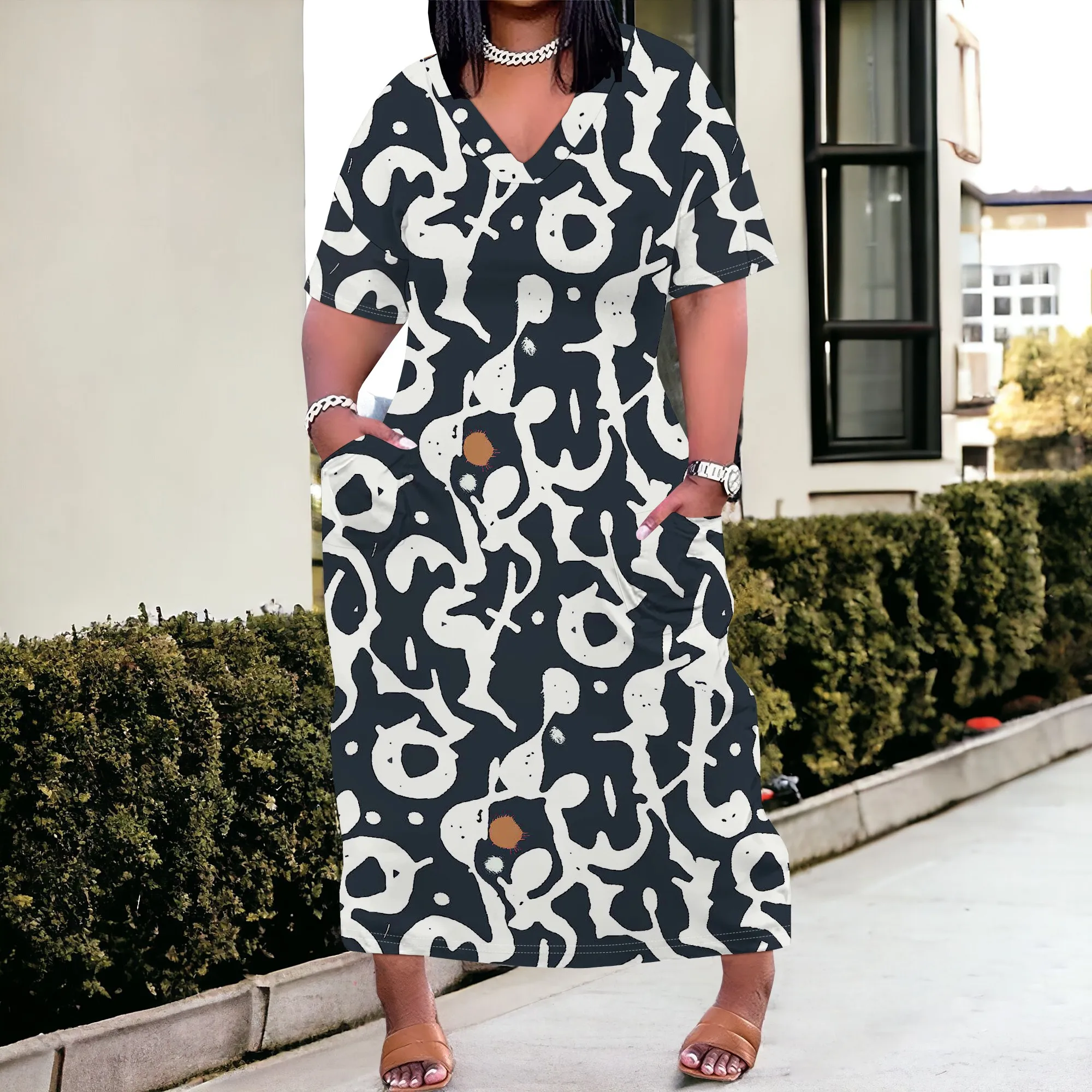 Abstract Print Plus Size V Neck Maxi Dress Summer Art Style Casual Outfit