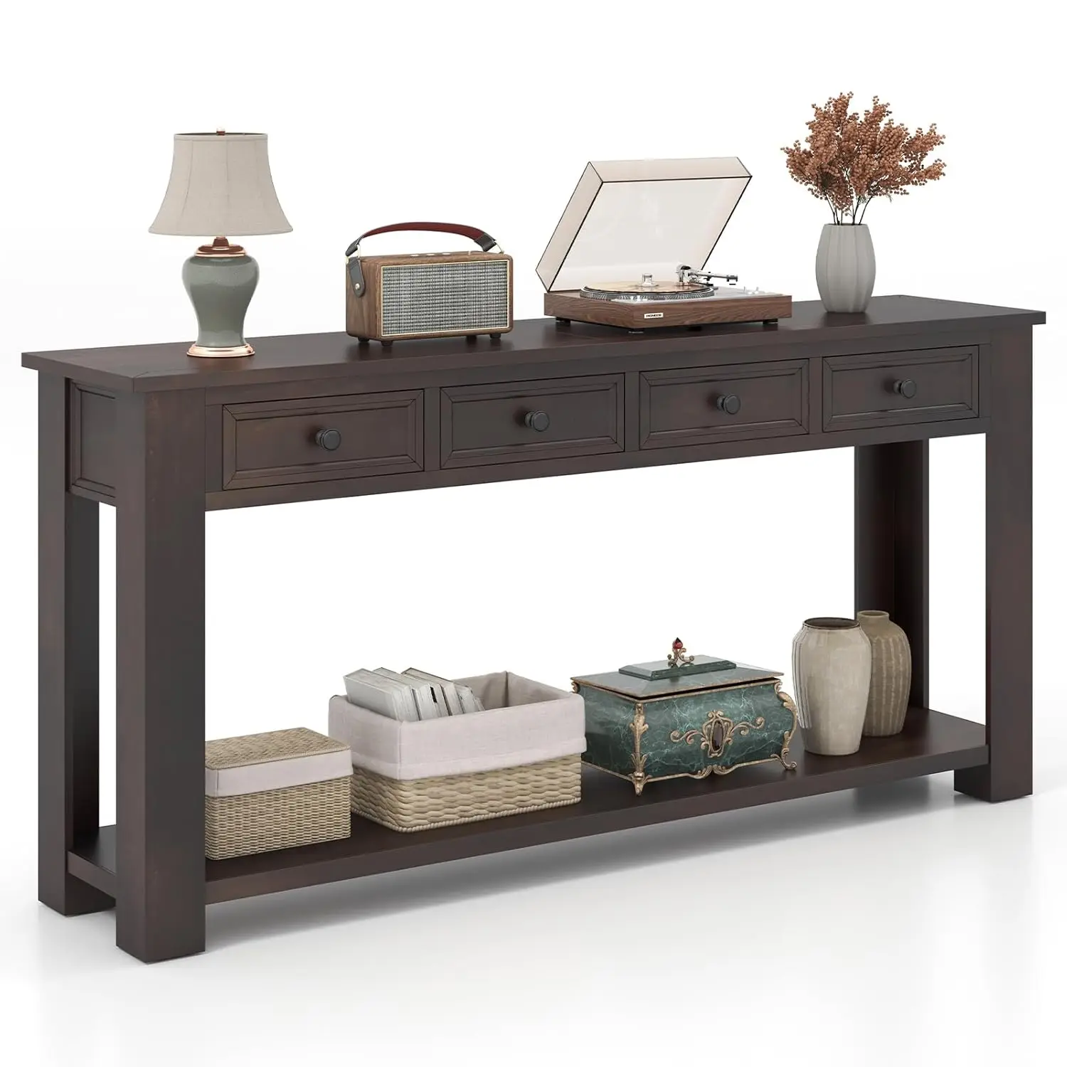 

63" Farmhouse Console Table 4 Drawers Wood Entryway Narrow Sofa Open Shelf Living Room Rustic Customized