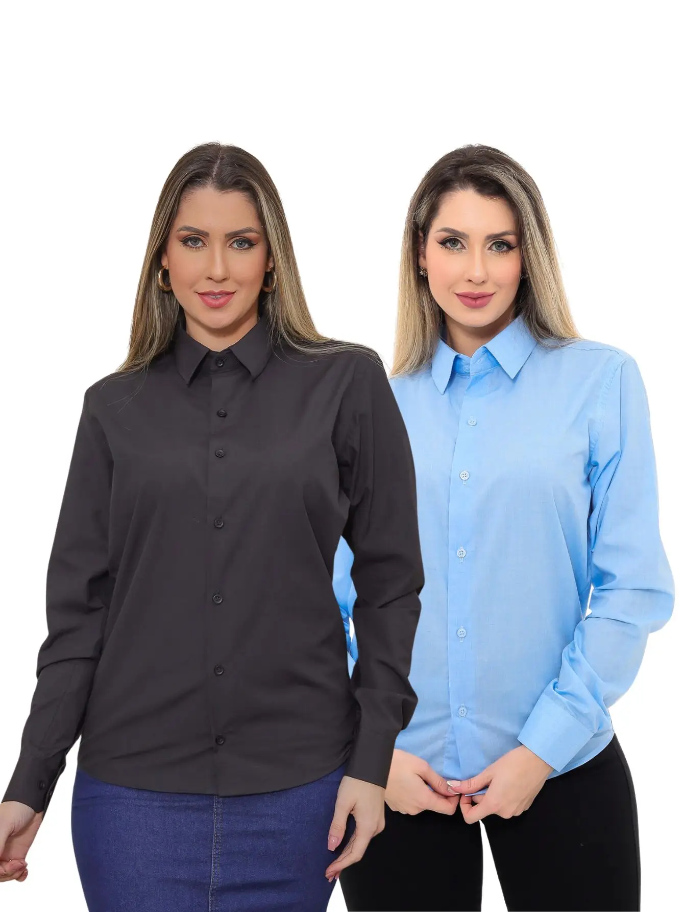 Women's KIT 2 Pieces-Premium Light Blue Linen Type Social Shirt and Slim Black Social Shirt