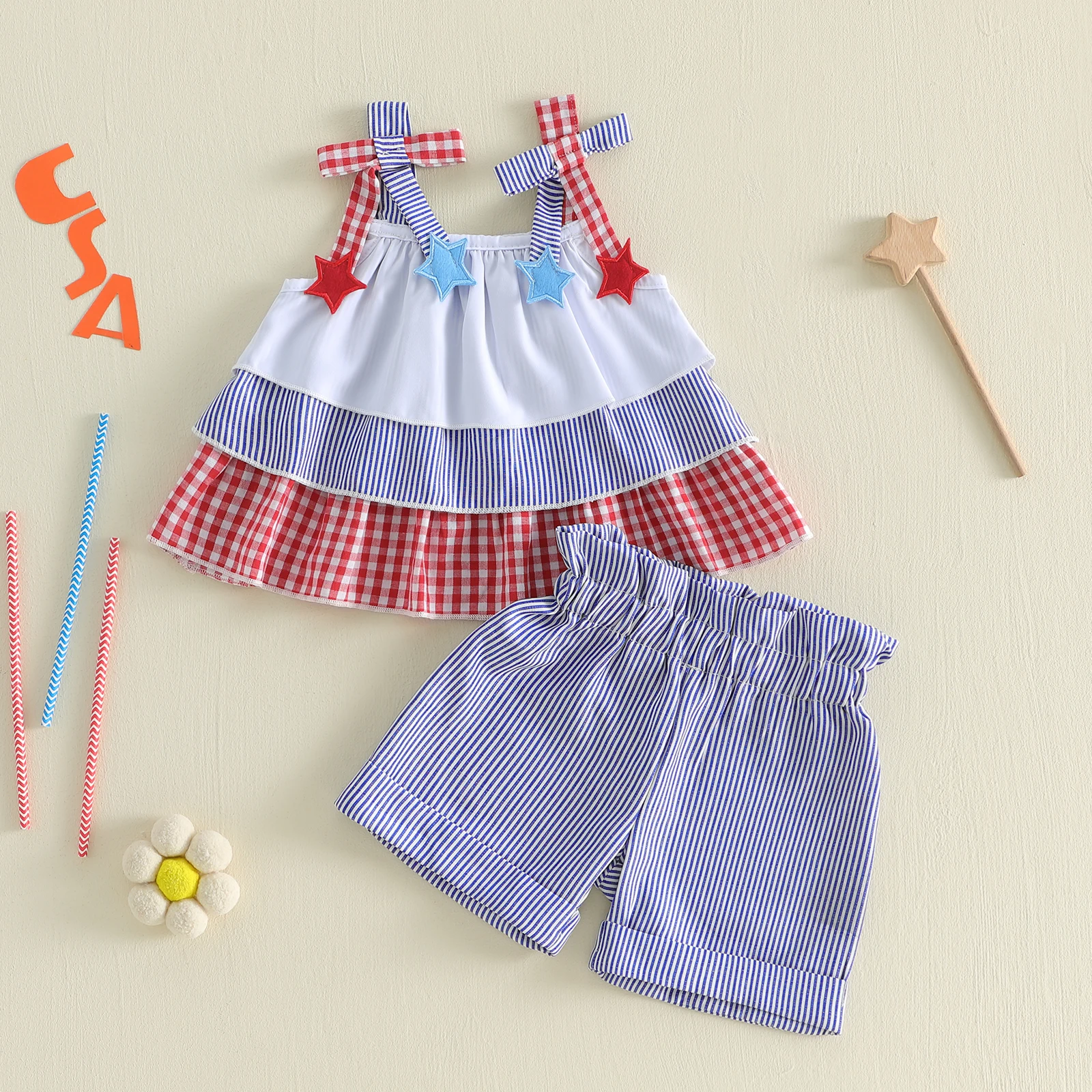 1-5Y Summer Kids Girls Shorts Set Sleeveless Stars Print Embroidery Flag Camisole Shorts 2-piece Outfit for 4th of July