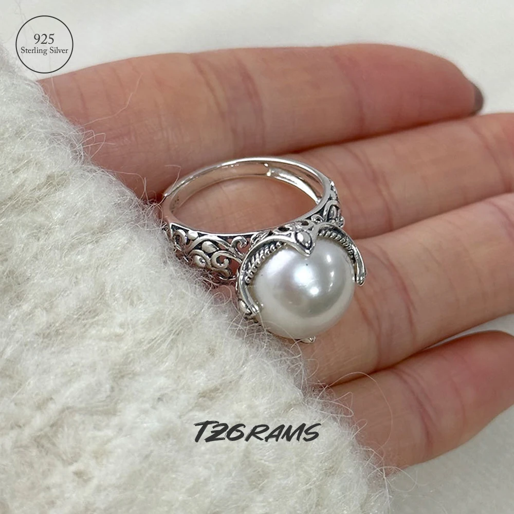 

TZgrams 925 Sterling Silver Real Natural Freshwater Pearl Ring for Women Vintage Statement Ring Opening Type Fine Jewelry