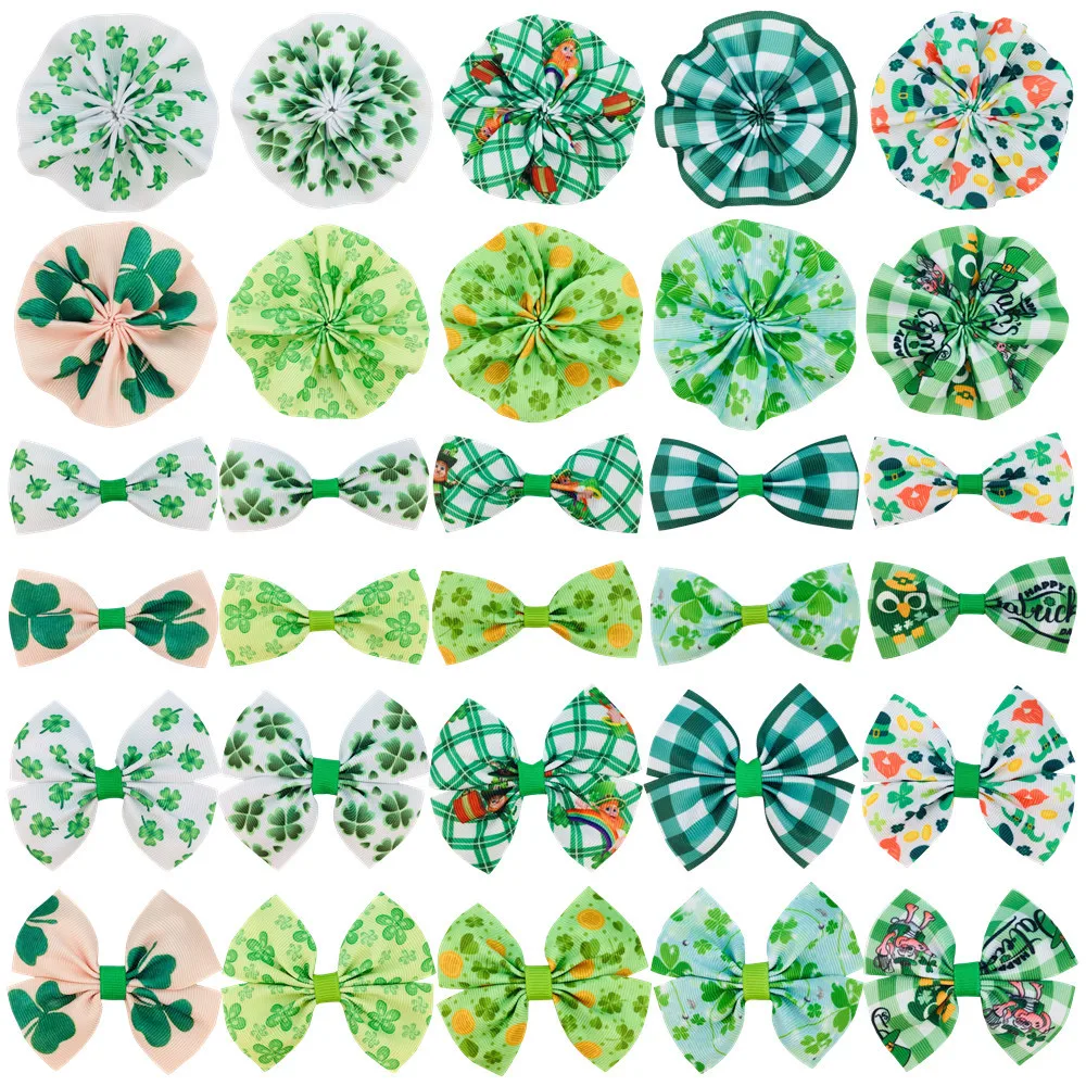 

8cm St. Patrick's Day Printed Bow Hand Sewn Flower Headpiece Pet Charm Diy Accessories 400pcs