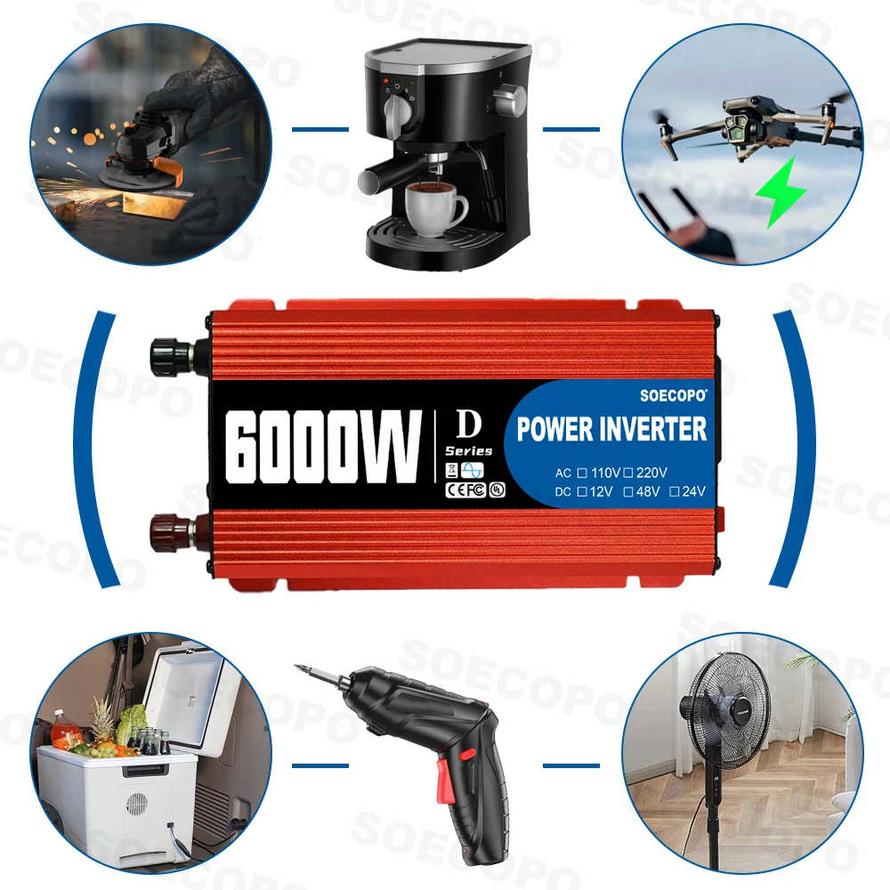 SOECOPO 6000 واط الذكية العاكس المحمولة لسيارة التخييم استخدام تيار مستمر 12 فولت/24 فولت/48 فولت إلى التيار المتناوب 110 فولت/220 فولت USB 5 فولت/1.5A الأنظمة الشمسية CE UL