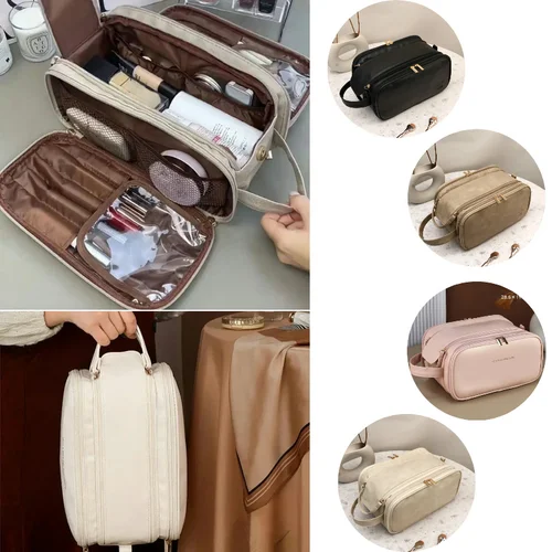 Imagen 2 del producto Bolsa de maquillaje multifuncional de cuero PU para mujer, bolsa de almacenamiento portátil de gran capacidad con doble cremallera para brochas de maquillaje, artículos de tocador