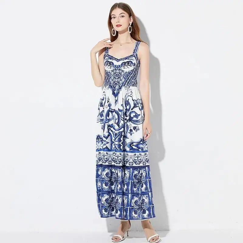 Runway Summer Holiday Long Dress Boho Women\'s Strap Blue And White Porcelain Print Sexy Sundress Elastic Backless Vestidos Robe