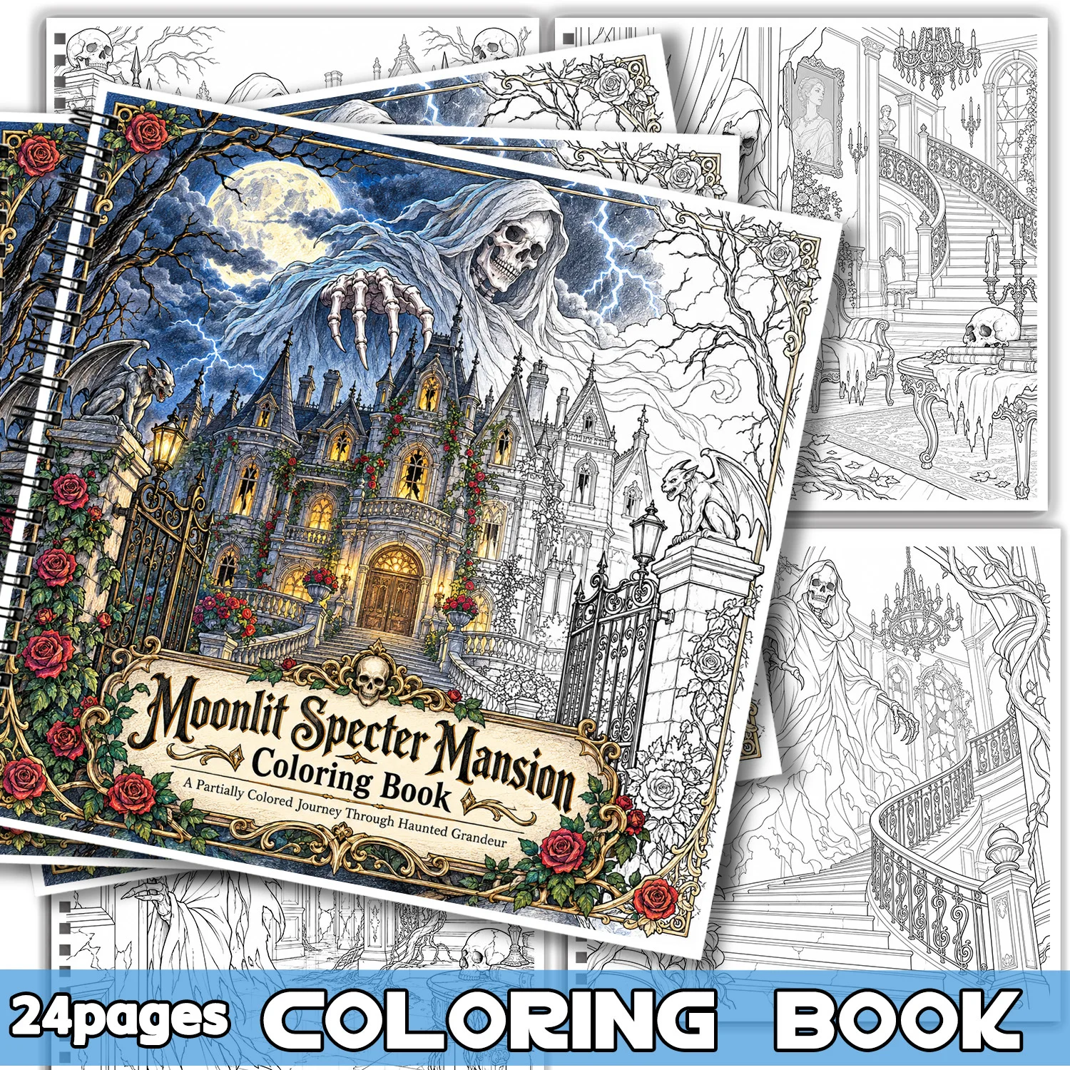 Spiral Moonlit Specter Mansion Coloring Book, Thanksgiving Christmas Gift For Adults, Showcasing Creativity Relieving Stress