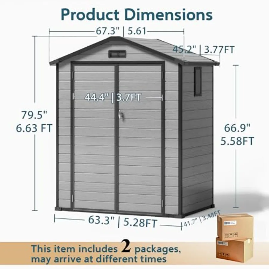 Backyard storage shed with plastic feet and floor, gray color, drain groove for water runoff