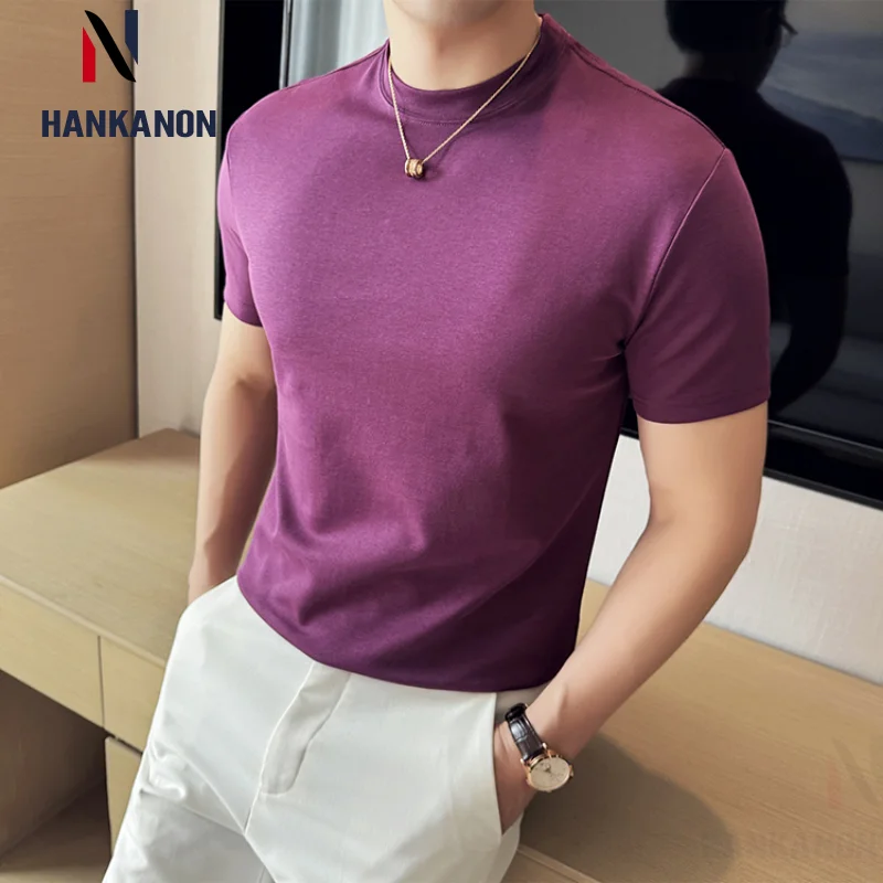 High-quality Men's Short-sleeved T-shirt, Embroidered High-necked Undershirt, Slim-fit Men's Stretch Top.High-quality Cotton 85%