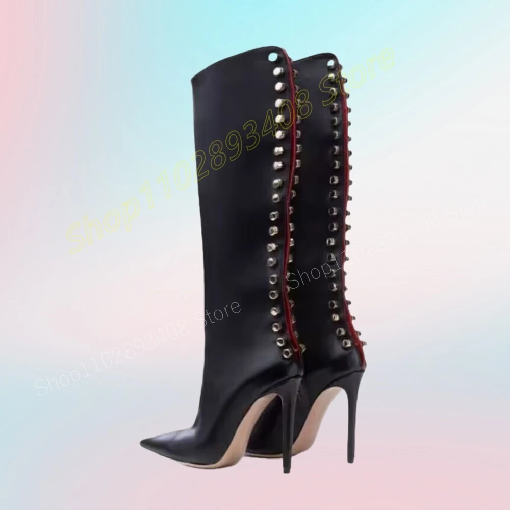 

Black Back Rivets Decor Mid Calf Boots Pointed Toe Stiletto High Heel New Design Fashion Women Shoes 2024 Zapatos Para Mujere