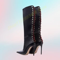 Black Back Rivets Decor Mid Calf Boots Pointed Toe Stiletto High Heel New Design Fashion Women Shoes 2024 Zapatos Para Mujere