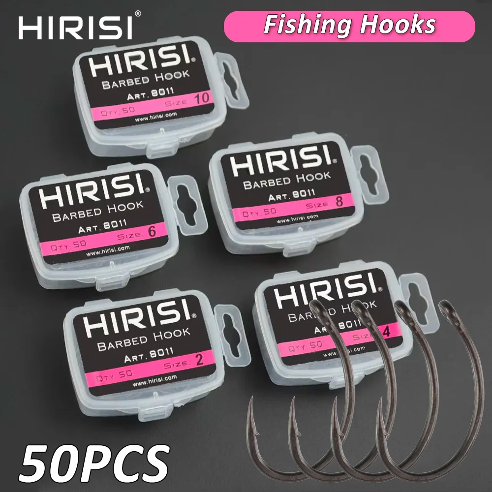 

Hirisi 50pcs Carp Fishing Hooks Coating High Carbon Stainless Steel Barbed hooks Pack with Retail Original Box 8011