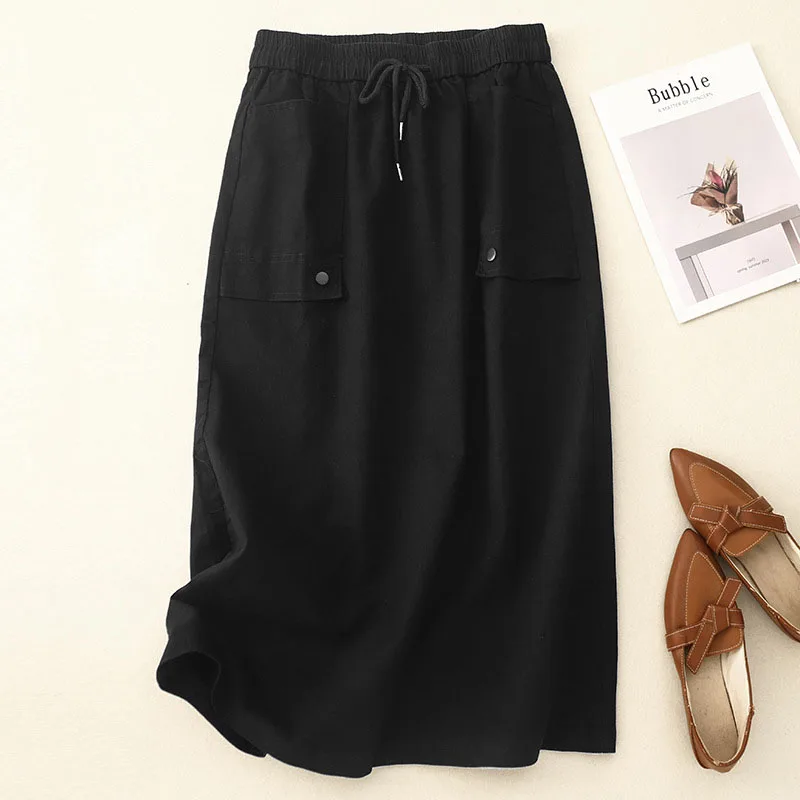 Modne koreańskie spódnice damskie na wiosnę i lato 2025, z dużymi kieszeniami, midi, eleganckie, z wysokim stanem, codzienne, elastyczne, uniwersalne.