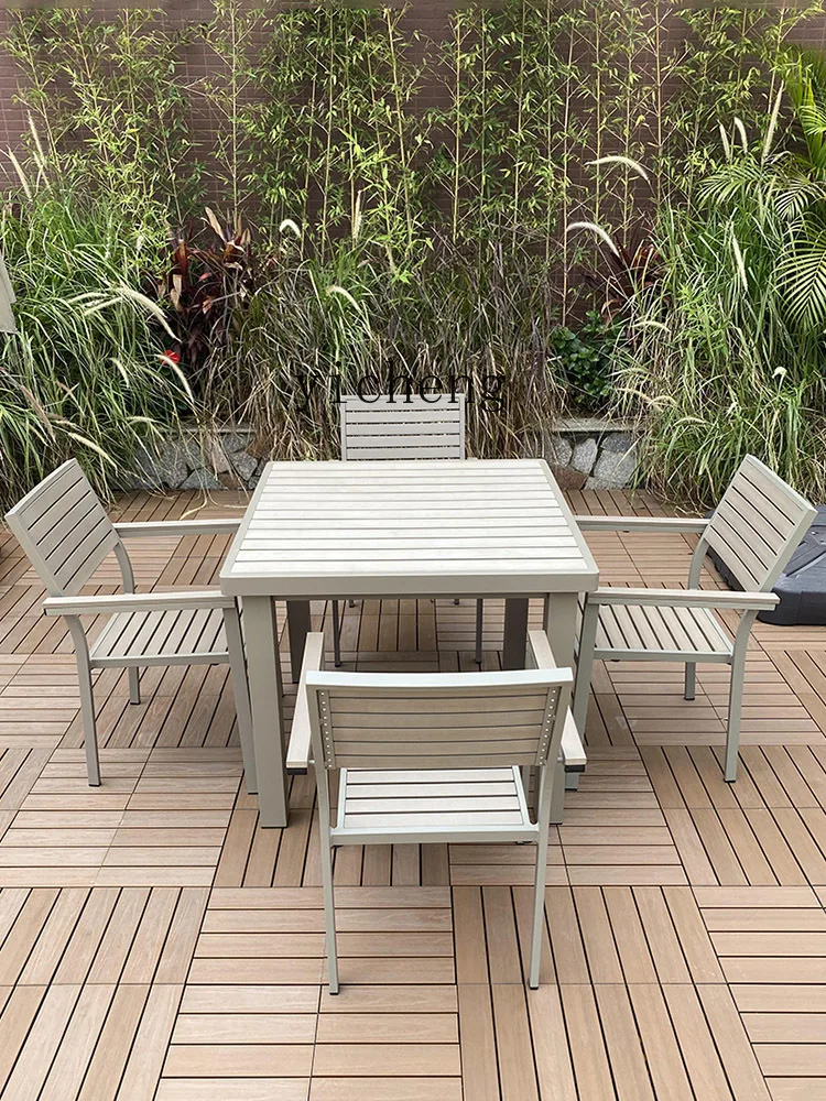 RWJ Outdoor Plastic Wood Table and Chair Courtyard Garden Large Long Table Outdoor Waterproof Dining Tables and Chairs Set