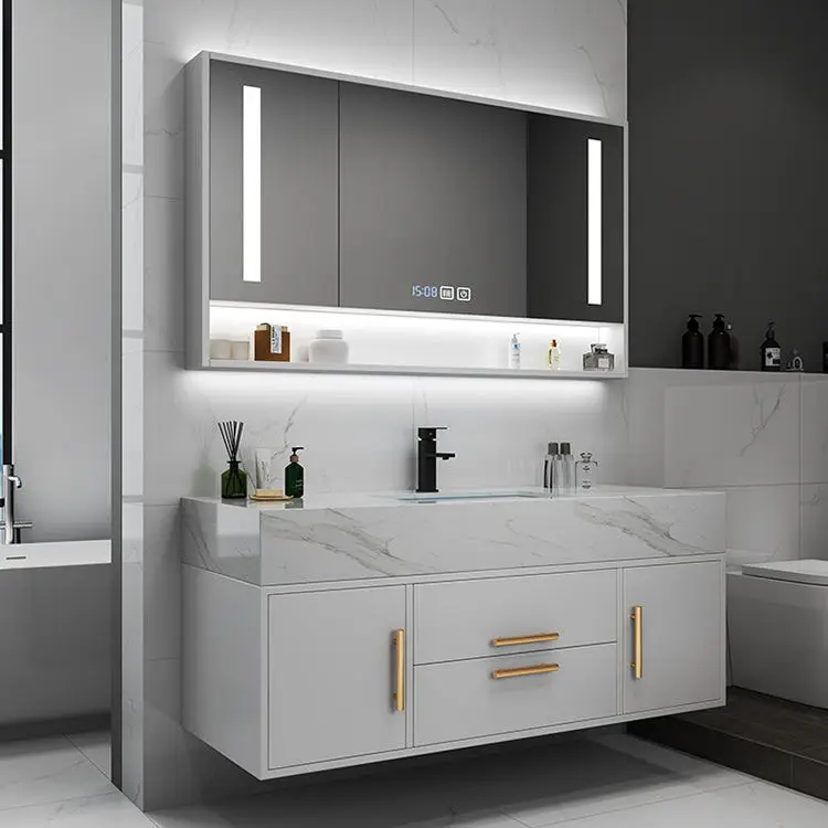 Wall Mounted Solid Wood Bathroom Vanity Cabinet With Smart Mirror Integrated Wash Basin For Hotel Home