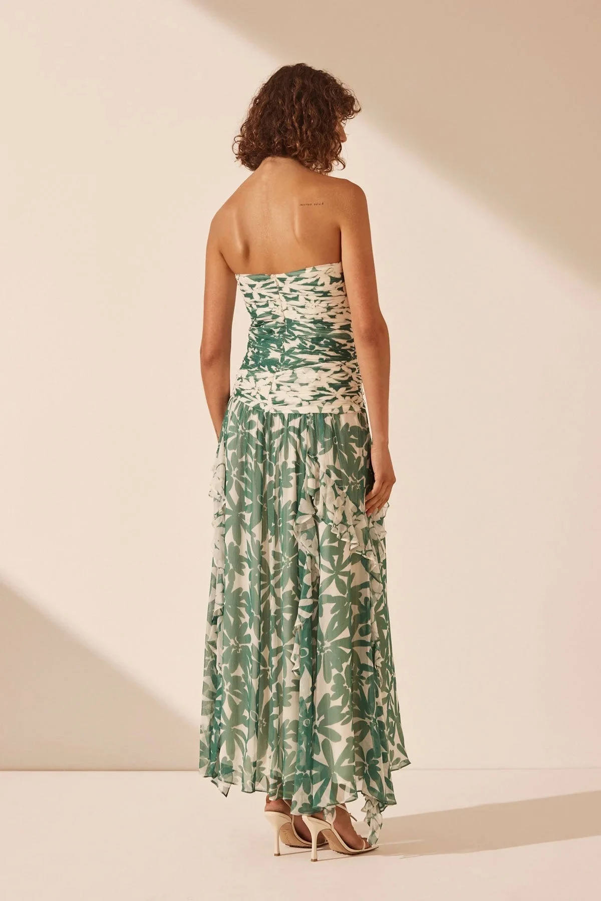 Women Green Flower Printed Strapless Slim Fit 100% Viscose Backless Maxi Dress