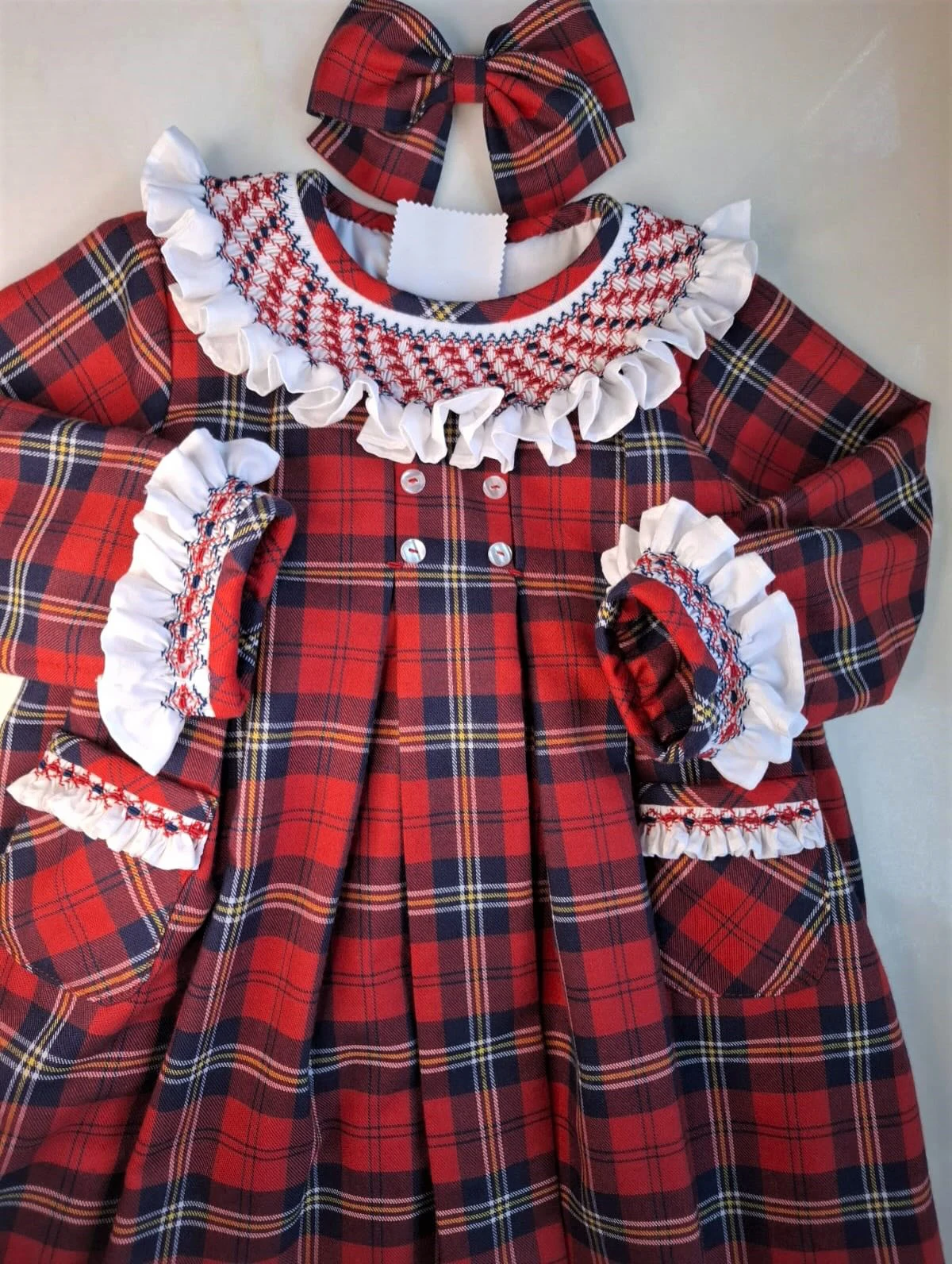 Autumn Winter Baby Girl Sweet Red Black Plaid Smocked Dress With Bow For Casual Party Birthday Wedding Photography