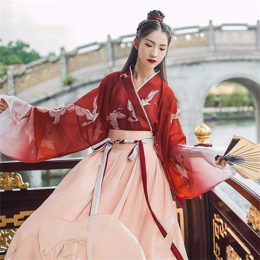 Hanfu Chinese Style Women Chinese Traditional Stage Dance Dress Female Fairy Cosplay Costume Hanfu Red Halloween Clothing