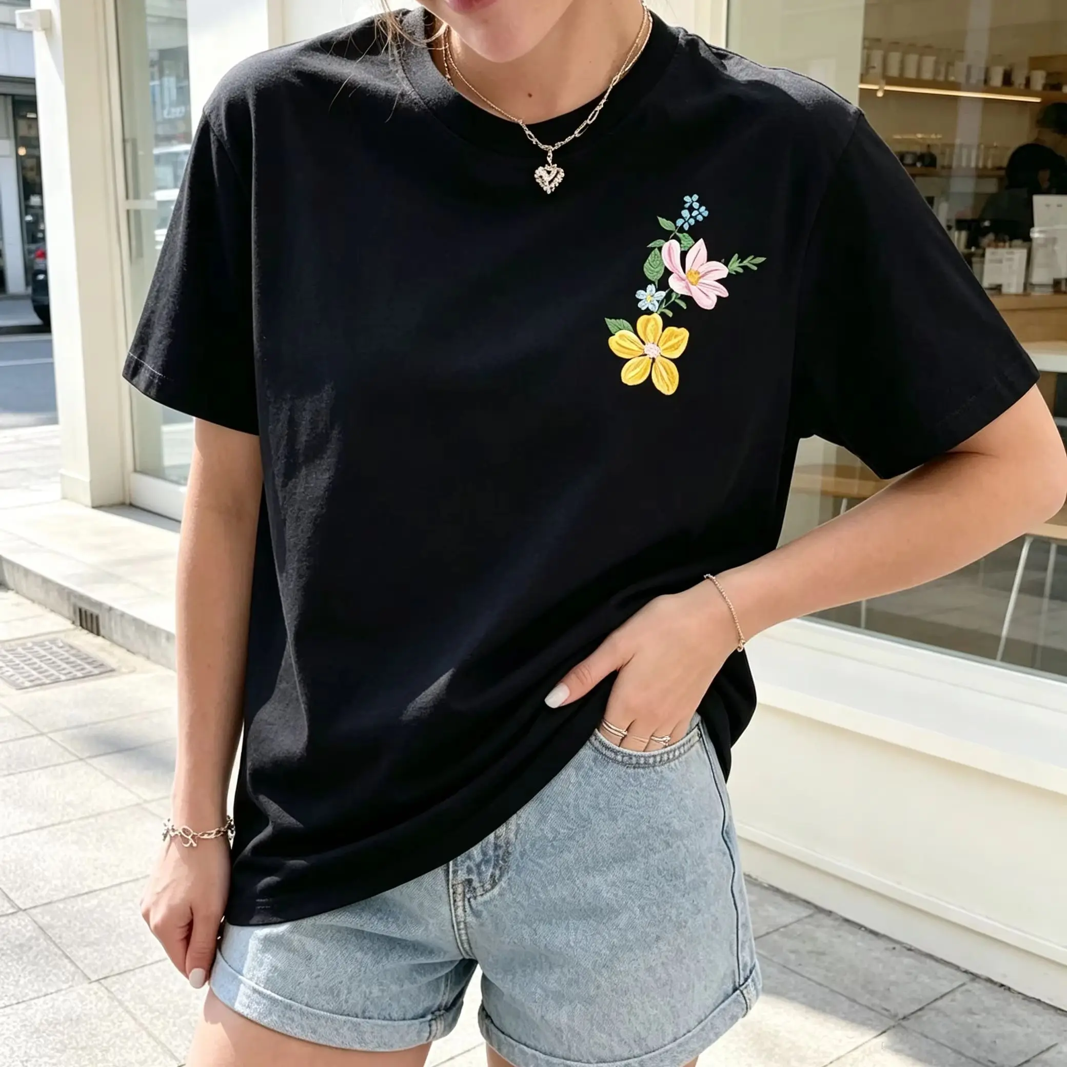 Women's Minimal Corner Floral Graphic T‑Shirt, Delicate Small Vine Flower Art Print Casual Short Sleeve Tops