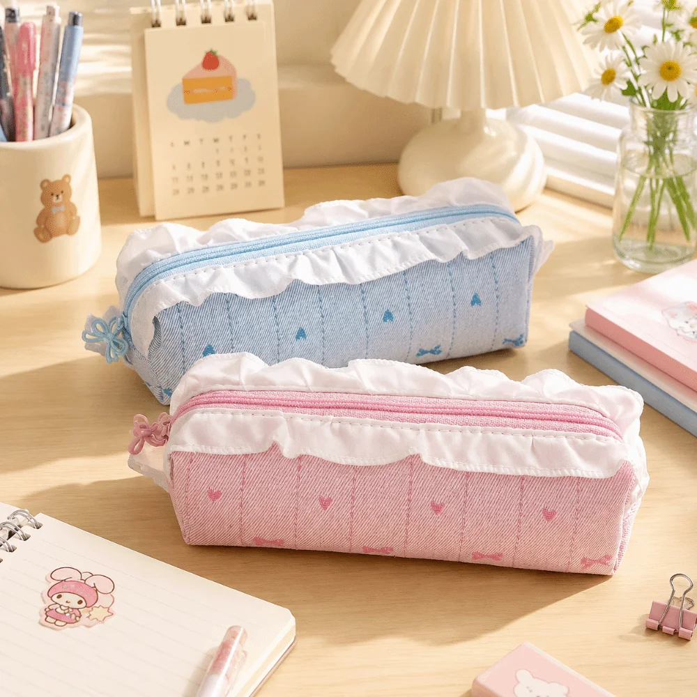 Multi Function Ballet Pencil Case Ruffle Lace Bow Embroidery Pencil Pouch Large Capacity Pen Bag Gift