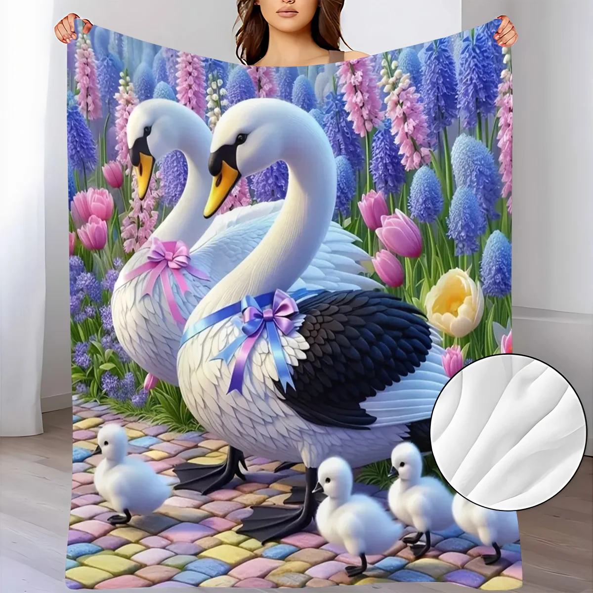 Lovely Swan Family Ducklings With Ribbons Vibrant Tulip Hyacinth Flower Garden Romantic Nature Pattern Flannel Blanket