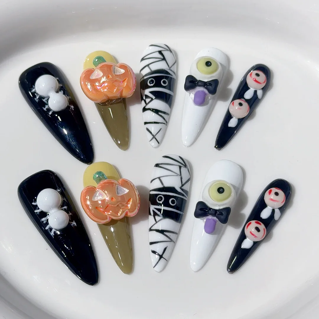 

10pcs Halloween Series Fake Nails 3D Pumpkin Designs Long Stiletto Handmade Press On Nails Terrible Funny False Nail Tips