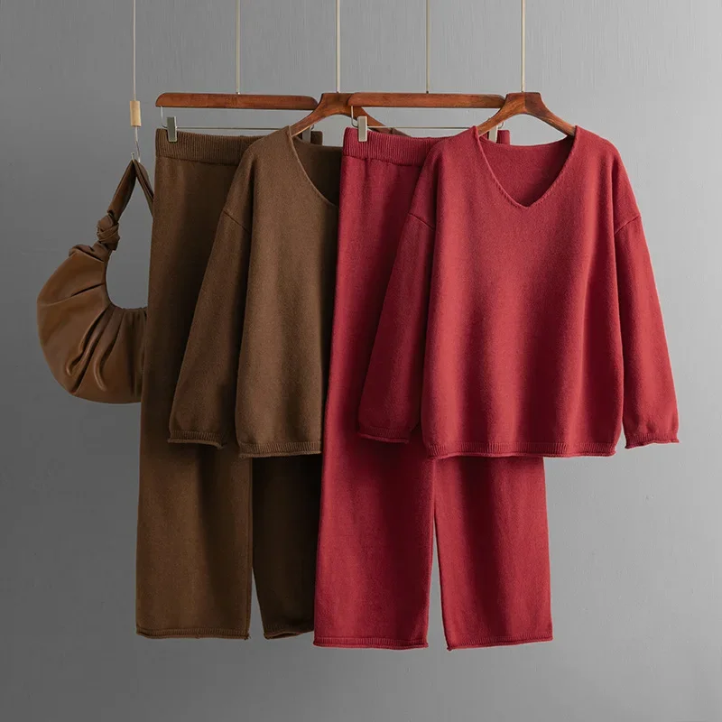 Elegant Solid Color Pants Suit 2024 New Fashion Autumn Winter Loose High Waist Warm Casual  V-neck Sweater Women Two-piece Set