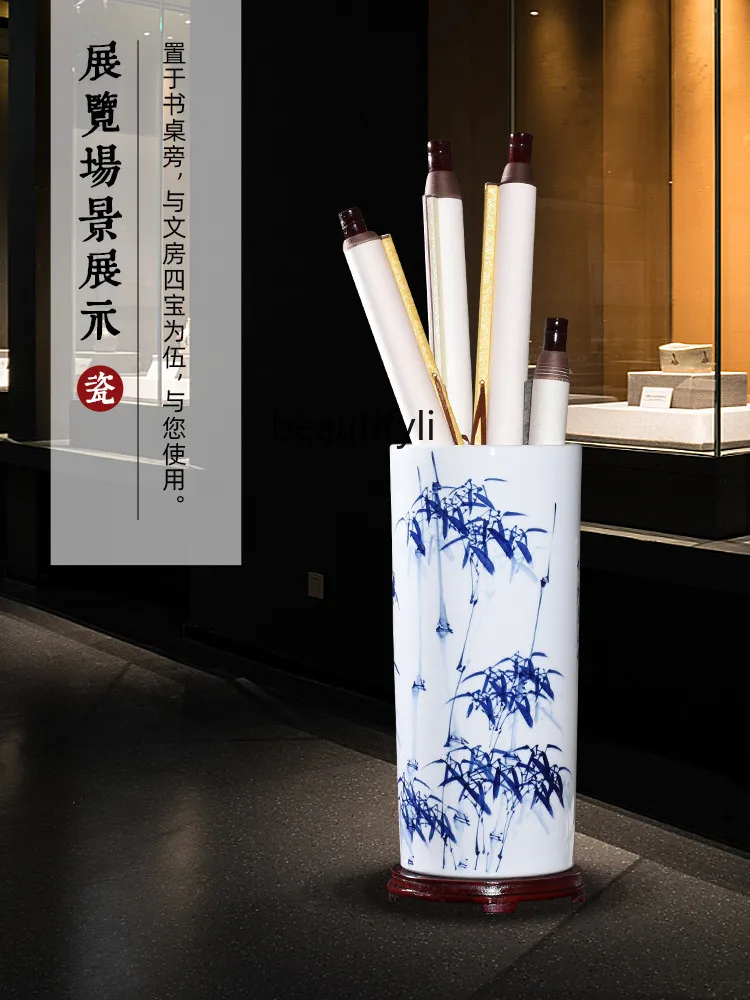 Jingdezhen Ceramic Vase Hand-Painted Painting and Calligraphy Cylinder Scroll Cylinder Lucky Bamboo Water Culture Vase