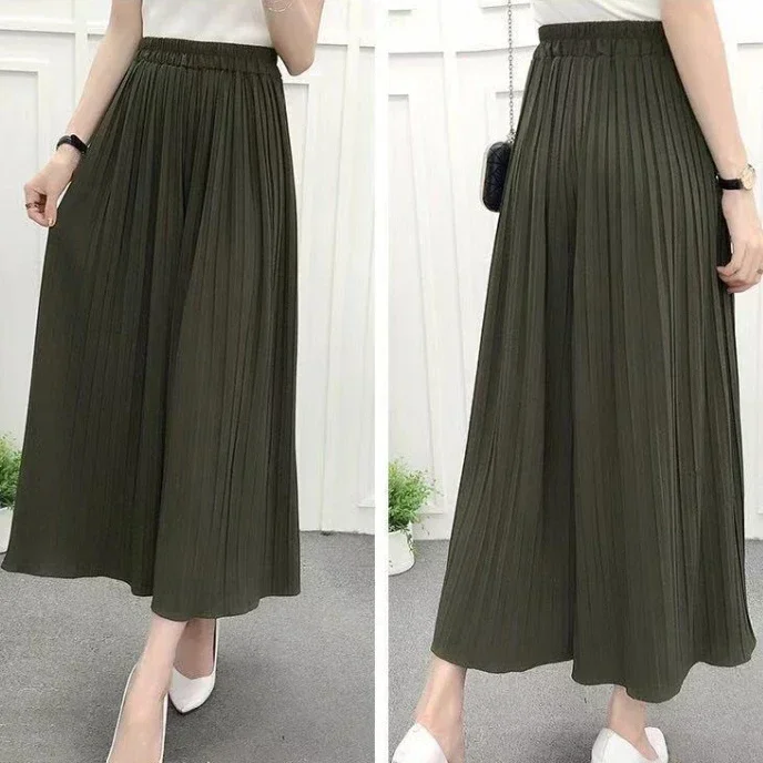 Sommer Neue frauen Hosen Koreanische Mode Feste Elastische Taille Gefaltete Lose Rock Hosen Plus Größe Casual Breite bein abgeschnitten Hosen – Detail 12