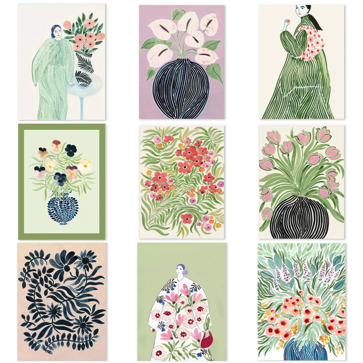 Abstract Aesthetics Tulip Violets Vase Woman Coat Flower Posters Light Green Canvas Painting Print Pictures Living Room Decor