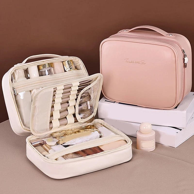 

Women's PU Leather Double Layer Travel Makeup Bag Portable Large Capacity Storage Bag Zipper Waterproof Travel Bag