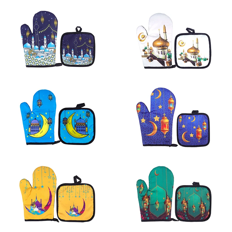 

2Pcs/set Ramadan Kareem Baking Oven Mitts Gloves Pad Decor Oven Microwave Insulation Mat Anti-Hot Gloves Eid Mubarak Supplies