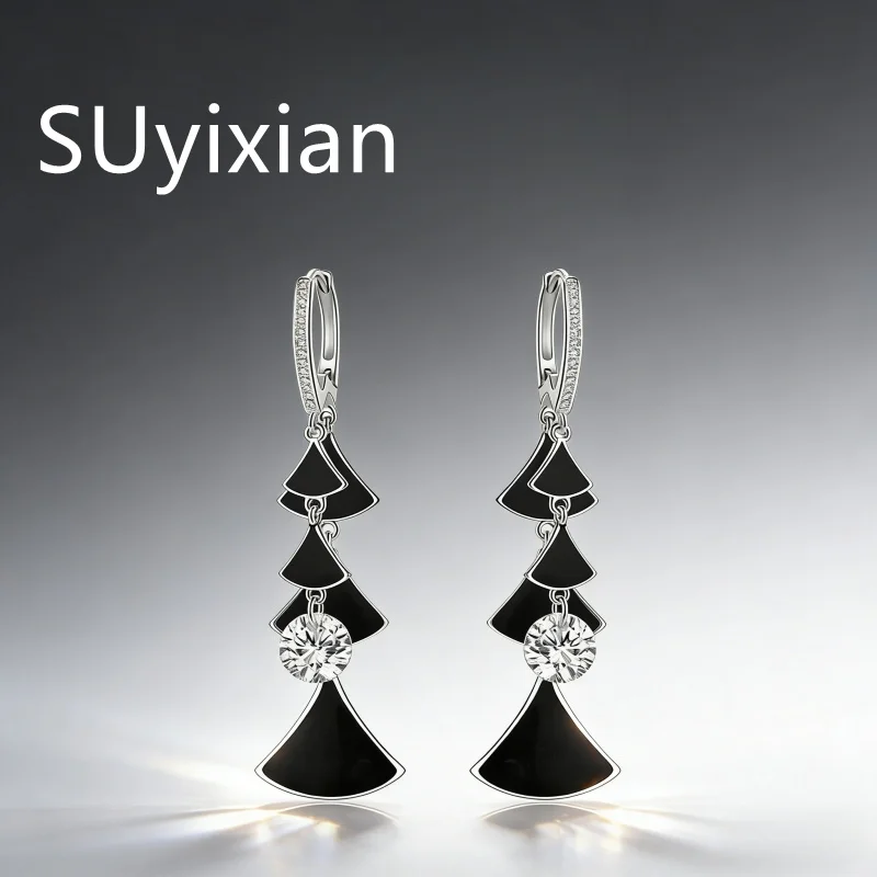 925 Sterling Silver Stylish Delicate Fan Long Earrings Multi-layer Personalized Earrings Birthday Party Anniversary Gift
