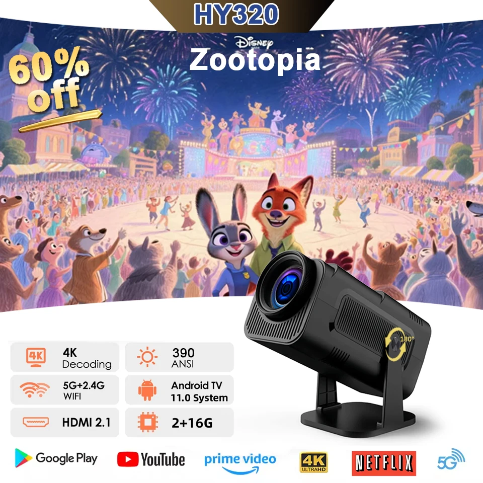 

New HY320 Movie Projector Android 11 390ANSI 4K Native 1080P Dual Wifi6 BT5.0 Cinema Outdoor Portable Projetor Upgrated HY300