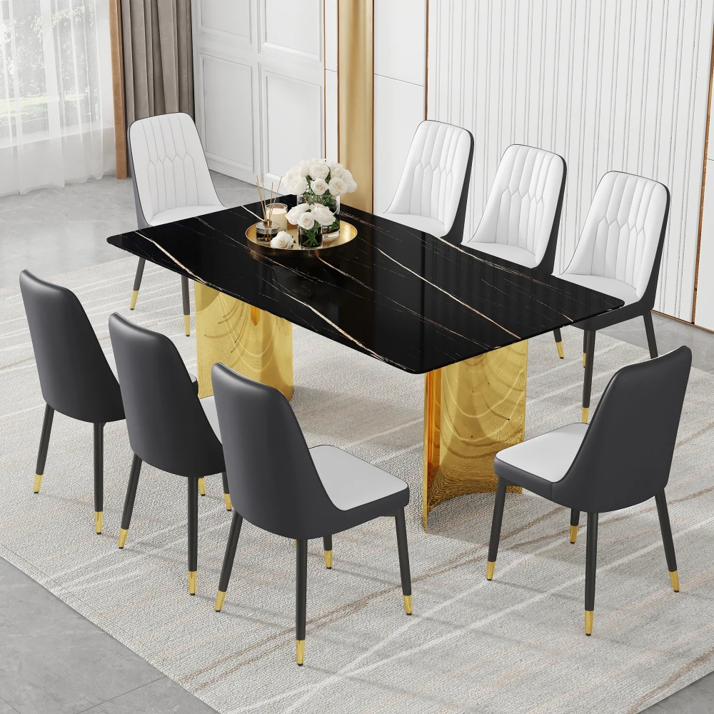 

Table & Chair Set: Glass top (imitation marble), golden legs, 8 white-gray PU chairs W1151S01559