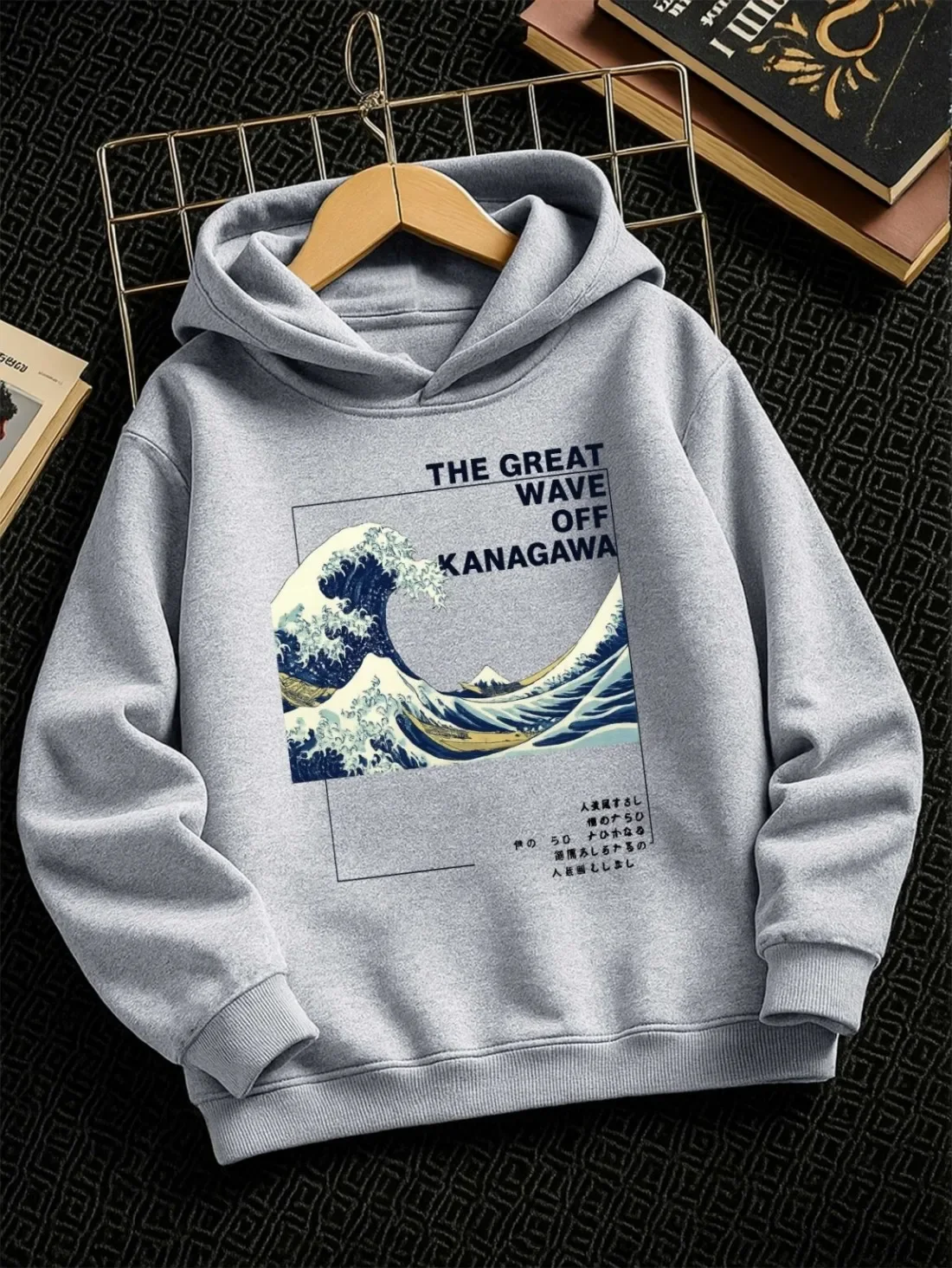 Japanese Ukiyo‑e Wave Kids Hoodie Retro Sea View Chest Graphic Autumn Winter Fleece Warm Streetwear Hooded Sweatshirt