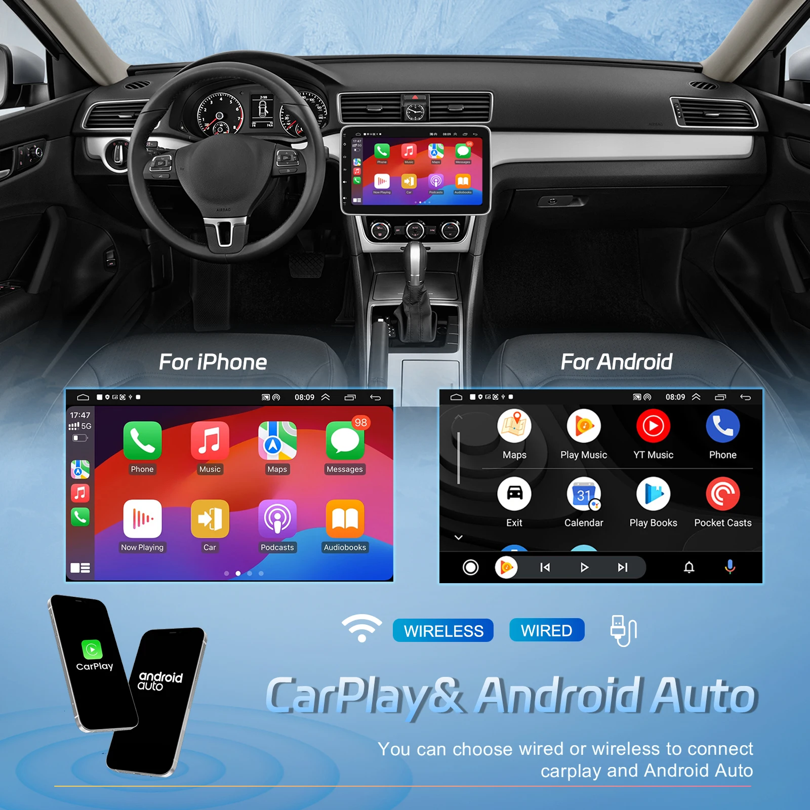 Podofo 2din Android Car GPS Radio Multimedia Player 10.1''Manually Adjustable Screen Carplay Android auto WIFI Bluetooth FM