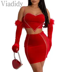 Women Sexy Solid Color Sheer Mesh Patchwork Velvet Top and High Waist Skirt 2pcs Set